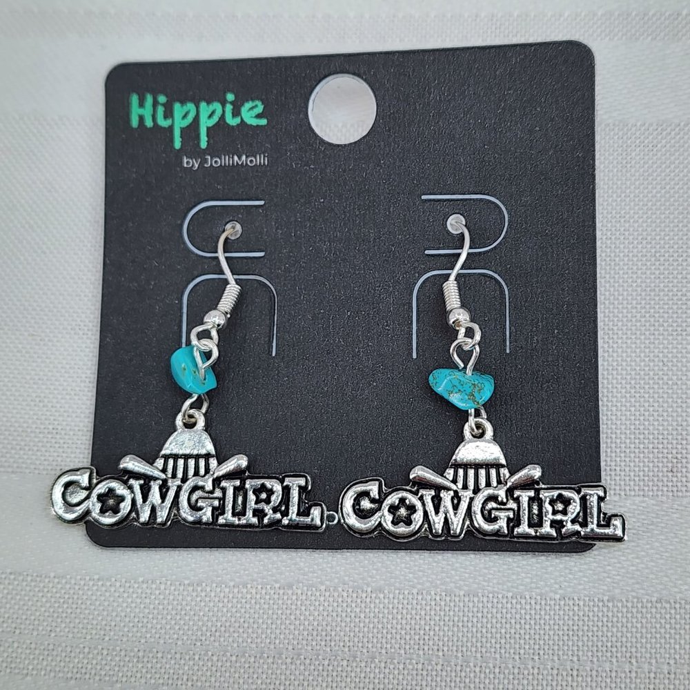 HIPPIE Silver Tone Cowgirl Western Statement Earrings Dangle Drop NWT - Picture 2 of 4